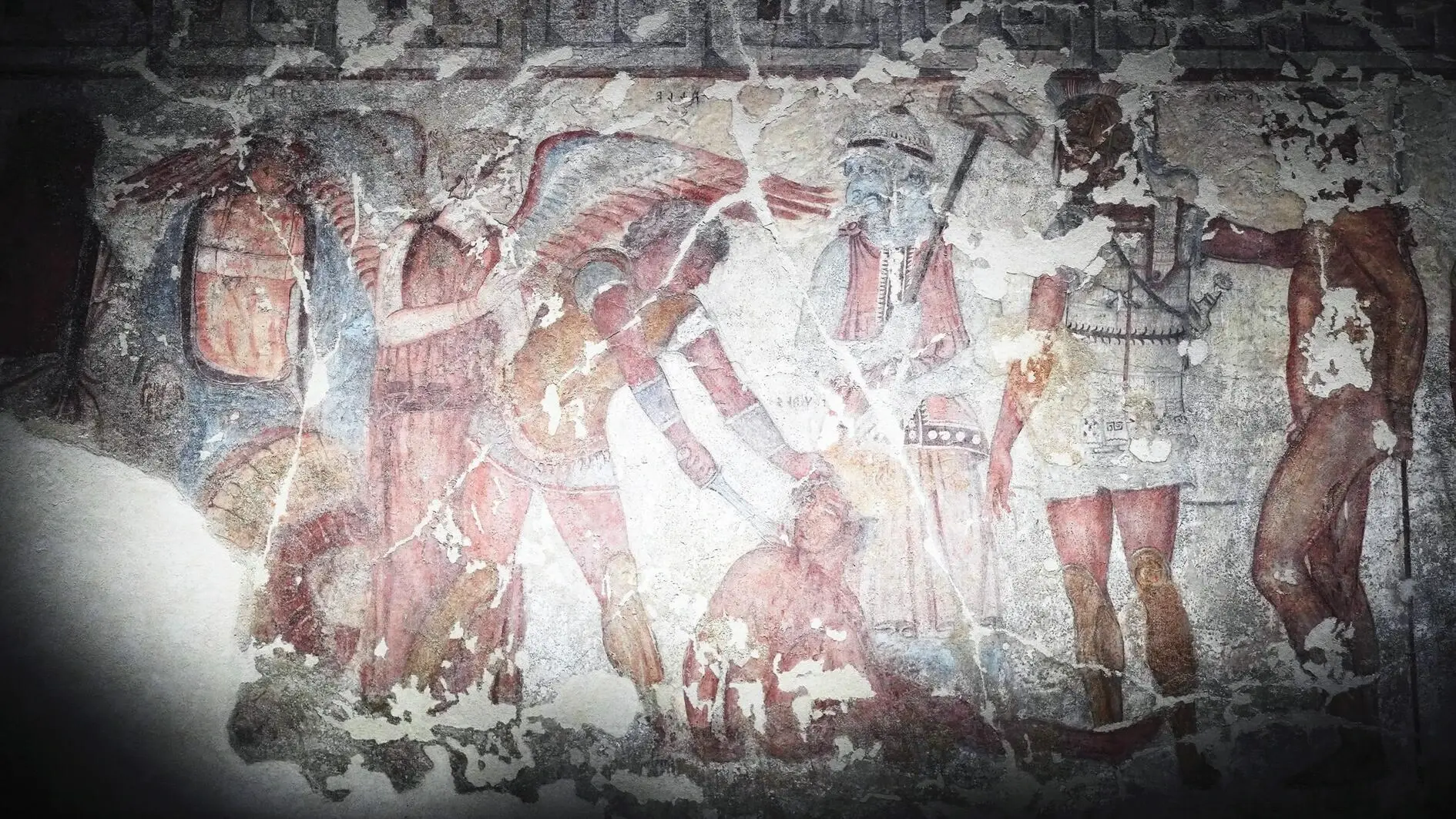 Italië toont schilderijen uit een oud Etruskisch graf